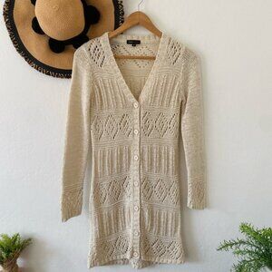 BCBGMAXAZRIA Beige Crochet Open Knit Button Front Cardigan